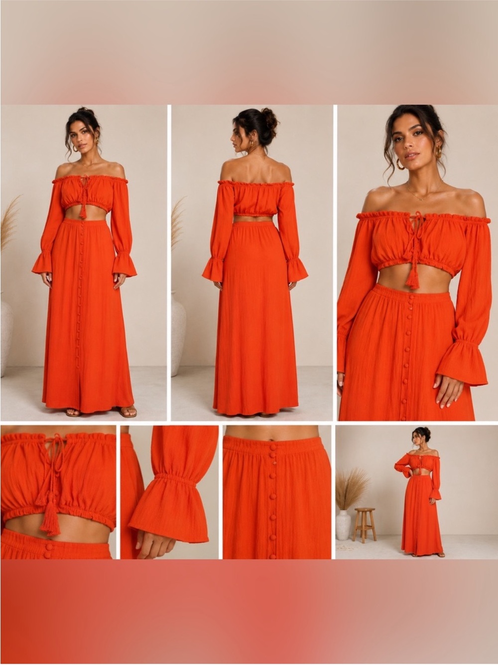 Love + Harmony Orange Off Shoulder Two Piece Maxi Skirt Set Size L Boho Vacation